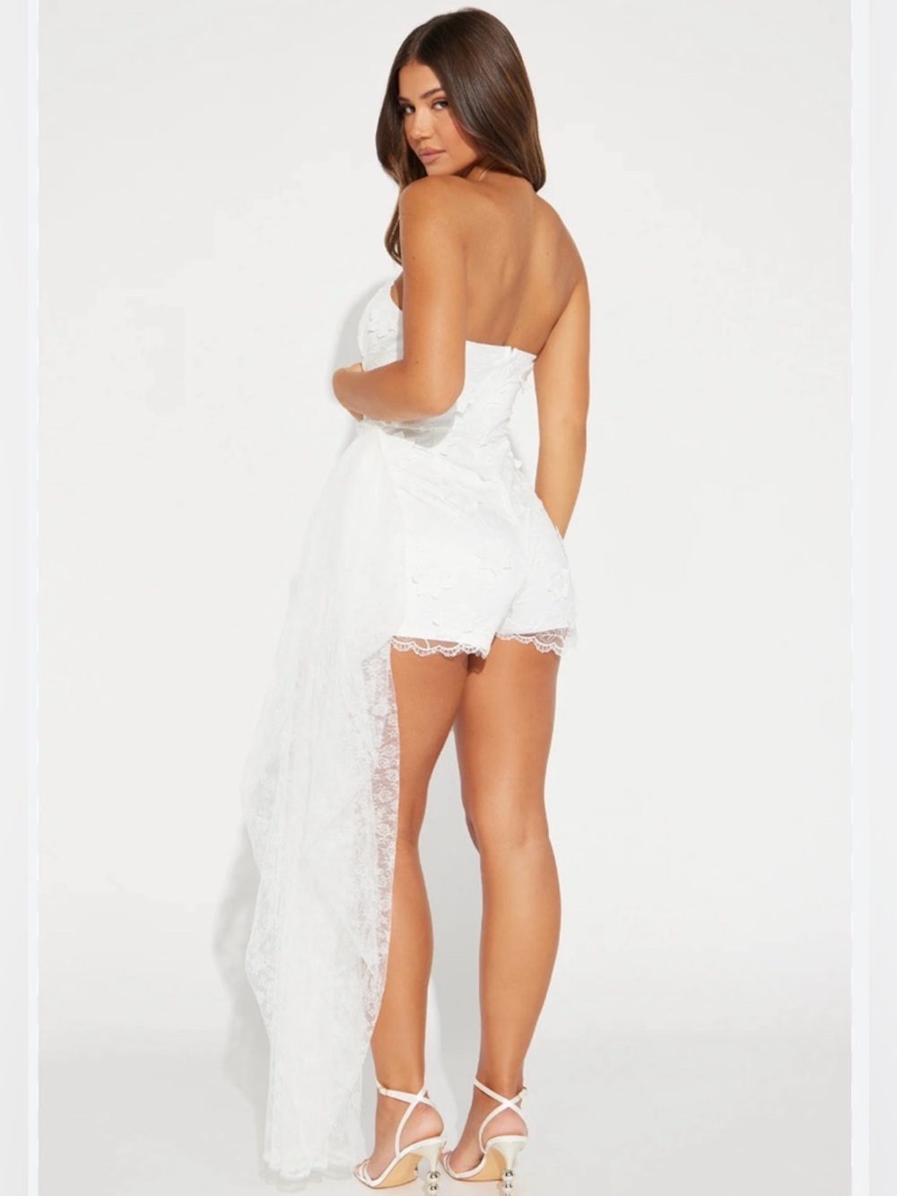 Fashion Nova White Strapless Lace Romper with Draped Detail - Picture 2 of 6